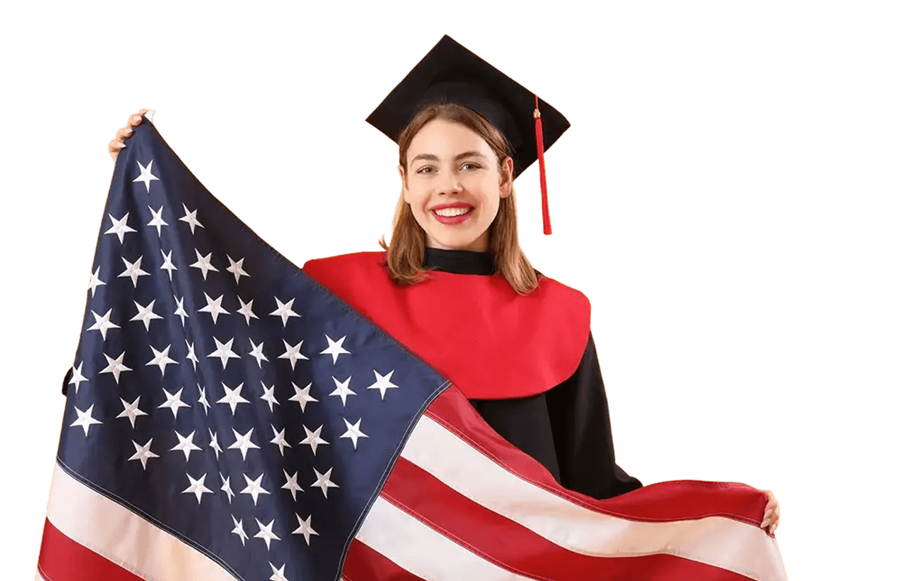 Graduada con bandera de Estados Unidos